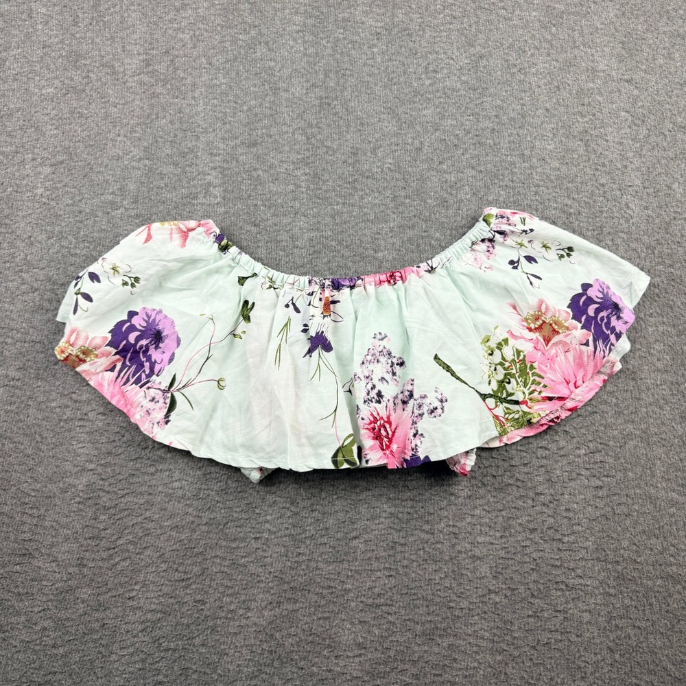 Uluwatu Women's M Medium Floral Off Shoulder‎ Ruffle Crop Top Mint Green Rayon